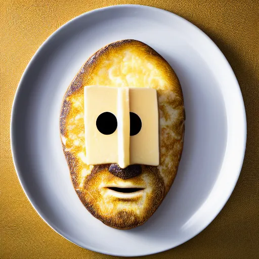 Image similar to food photography of jake gyllenhaal's face fused with halloumi cheese ( ( white halloumi cheese hybrid with jake gyllenhaal face ) ), jake gyllenhaal sentient cheese man, by greg rutkowski