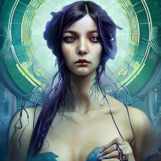 Image similar to an art nouveau, ( cyberpunk ), multi - racial portrait in the style of anna dittmann and charlie bowater and chanthara. very large, clear, expressive, and intelligent eyes. centered, ultrasharp focus, dramatic lighting, photorealistic digital matte painting, intricate symmetrical ultra detailed background.