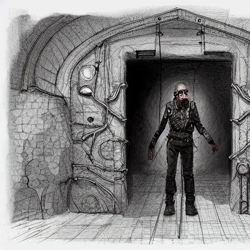 Image similar to the man inside the wall, explorer sketch, eldritch journalist, concept art, grand scale, intricate detailed