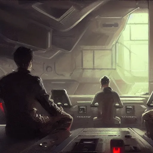 Image similar to concept art by greg rutkowski, a very tall, and slender man with short black hair, sitting with the crew in the ship's flight deck, brutalist futuristic interior, dark lighting atmosphere, detailed portraits, nostalgic atmosphere, scifi, digital painting, artstation, concept art, smooth, sharp foccus ilustration, artstation hq