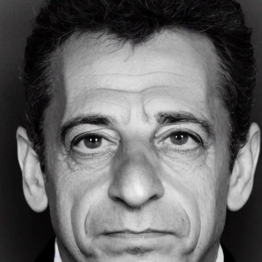 Prompt: mugshot portrait of Nicolas Sarkozy, heavy grain, overexposed flash