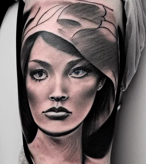 Image similar to tattoo design sketch of a beautiful woman face with a faded background of beautiful mountains and nature on her left side, hyper - realistic, in the style of den yakovlev, amazing detail, black and white