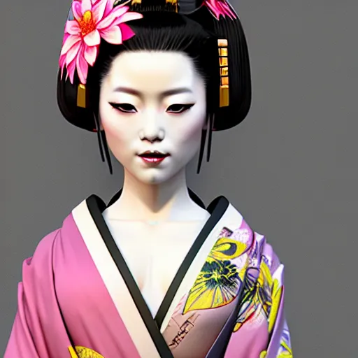 Image similar to an android geisha in a lotus position wearing a flowing kimono and tattoos, octane render, unreal engine, 8 k, cinematic, artwork by ilya kuvshinov