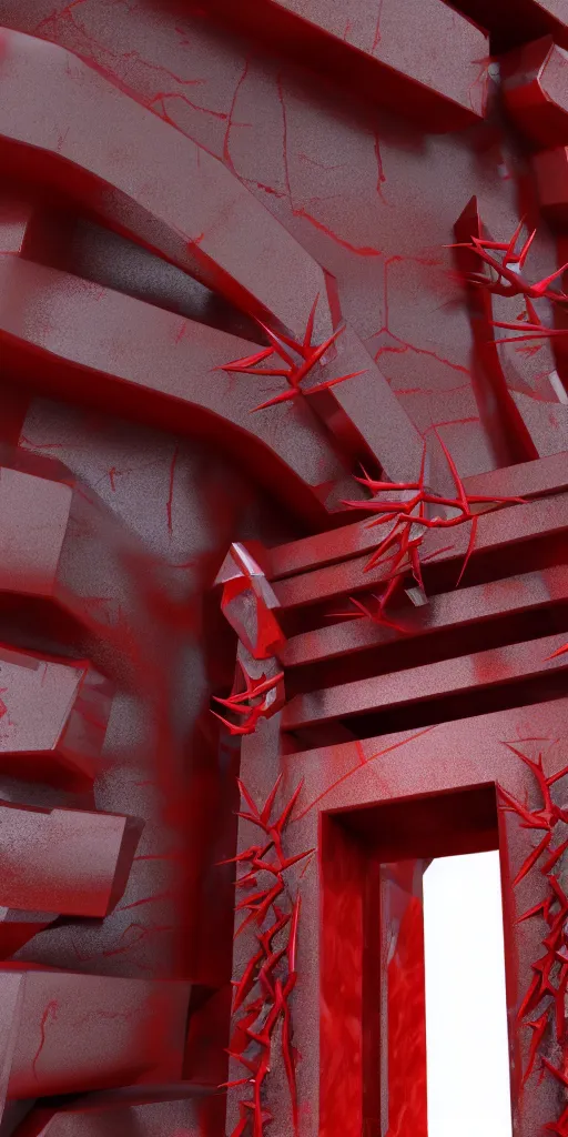 Image similar to 3 d render of a red torii gate sculpture, chrometype, made of liquid metal and marble, neotribal with thorns, japanese temple, raytraced, volumetric lightning, 8 k, by zhelong xu, ouchh and and innate studio