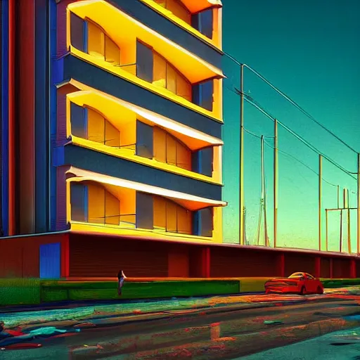 Image similar to “derelict architecture housing neighborhood , housing designed by architect Santiago Calatrava, architecture digest, building surrounded in a neo environment, neon tones, fluorescent lighting,volumetric Lighting, photorealism, high detail, golden ratio, cinematic, octane renderer”