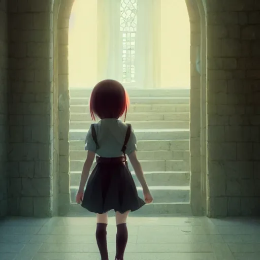 Prompt: very very small little girl by sana takeda, walking in a massive castle hall by ross tran, nvidia rtx reflections, octane render 1 2 8 k resolution, extreme high intricate details, digital anime art by wlop, medium shot, mid - shot, composition by ilya kuvshinov, lighting by greg rutkowski