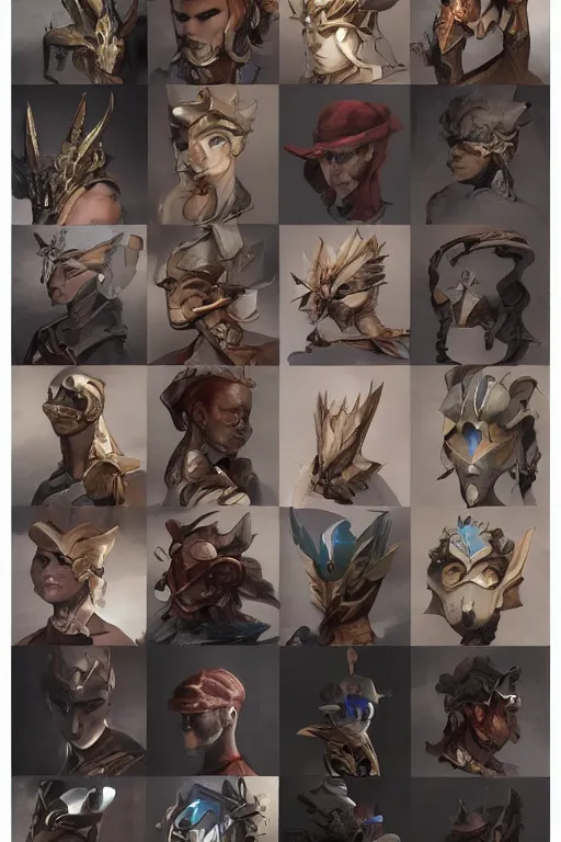 Image similar to item concept art grid of legendary loot headgear by artgerm and Craig Mullins, James Jean, Andrey Ryabovichev, Mark Simonetti and Peter Morbacher 16k