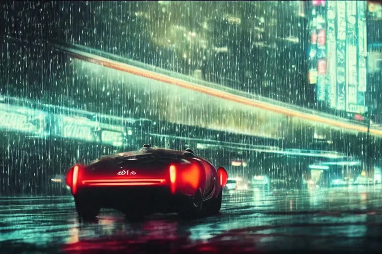 Prompt: a 1 9 3 5 bugatti, speeding down tokyo highway in the rain, night time, neon lights, thunderstorm, movie still from the movie bladerunner 2 0 4 9