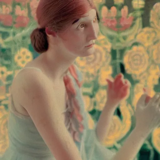 Image similar to close - up of a beautiful flowery girl in an soviet golden liminal abandoned room, film still by wes anderson, depicted by balthus, limited color palette, very intricate, art nouveau, highly detailed, lights by hopper, soft pastel colors