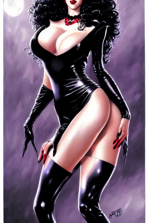 Prompt: a ( beautiful masterpiece highly detailed ) full body portrait illustration of intimate alluring elvira! mistress of the dark by ralph horsely and artgerm and joe jusko, raven black hair, pearlescent white skin. trending on artstation