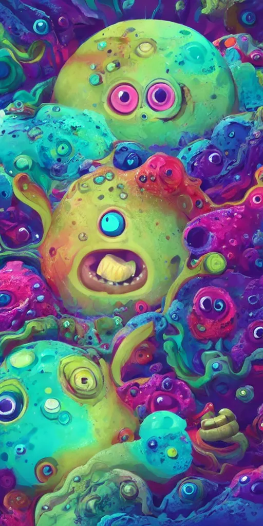 Image similar to of a colorful deep sea crater with strange cute jello happy creatures with huge eyes, mouth, long tongue and round teeth appearing from smokey background, in the style of gehry and gaudi, macro lens, shallow depth of field, ultra detailed, digital painting, trending artstation, concept art, illustration, cinematic lighting, photorealism, epic, octane render