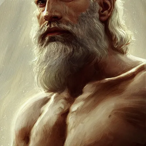 Prompt: painted portrait of rugged zeus, greek god, white hair, masculine, mature, handsome, upper body, muscular, hairy torso, fantasy, intricate, elegant, highly detailed, digital painting, artstation, concept art, smooth, sharp focus, illustration, art by gaston bussiere