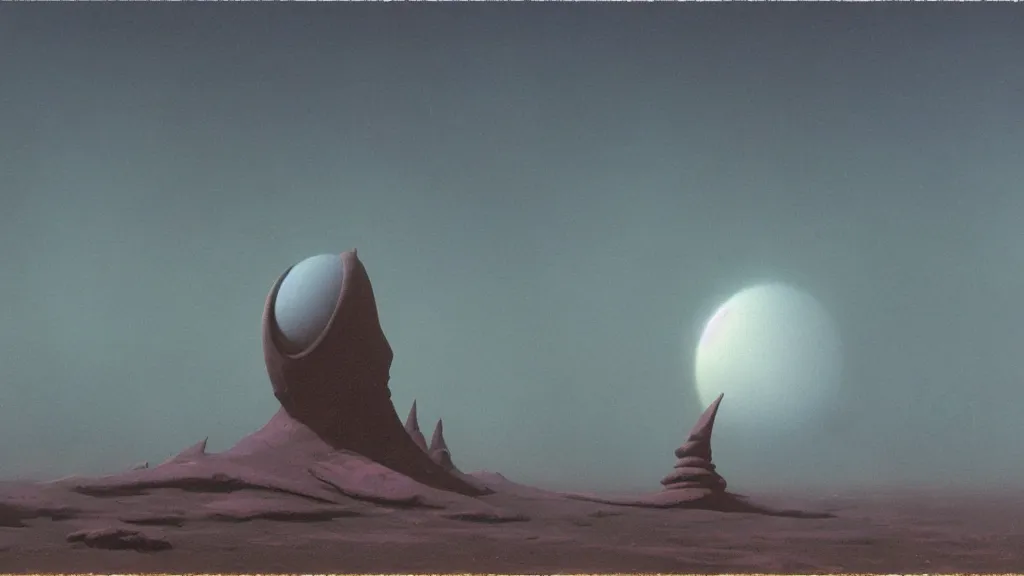 Image similar to mysterious sculpture of an alien crescent moon by paul lehr and john schoenherr, cinematic matte painting