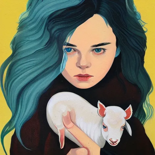 Prompt: Elle Fanning holding a lamb picture by Sachin Teng, asymmetrical, dark vibes, Realistic Painting , Organic painting, Matte Painting, geometric shapes, hard edges, graffiti, street art:2 by Sachin Teng:4