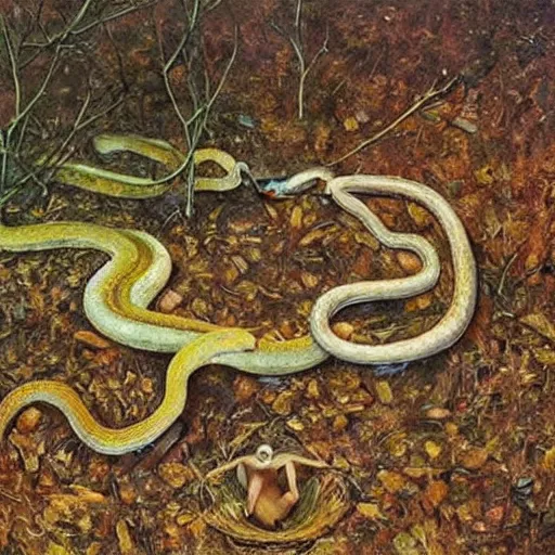 Image similar to A beautiful art installation of a snake eating its own tail that seems to go on forever. by Andrea Kowch, by Ernst Haas