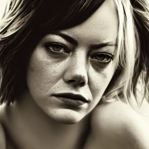 Image similar to headshot portrait photo of a beautiful emma stone, smooth skin, by lee jeffries