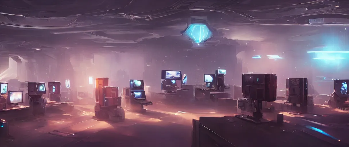 Prompt: futuristic computers in a room with holograms of screens, figure facing towards it, futuristic, concept art, matte painting, digital art, high detail, trending on art station, style of jordan grimmer