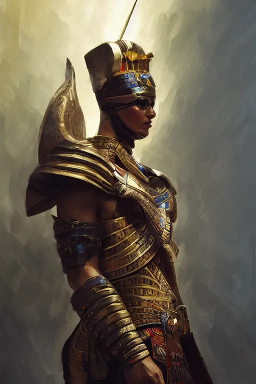 Image similar to egyptian warrior, portrait, fierce, intricate, elegant, volumetric lighting, digital painting, highly detailed, artstation, sharp focus, illustration, concept art, ruan jia, steve mccurry