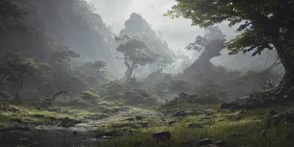 Prompt: an environmental concept art of ghost of tsushima, highly detailed, environmental light, cinematic by francis tneh