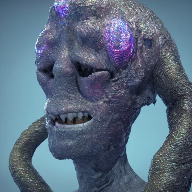 Prompt: octane render portrait by wayne barlow and carlo crivelli and glenn fabry, a deep ocean mariana trench creature made out inflated iridescent plastic and bioluminescence, cinema 4 d, ray traced lighting, very short depth of field, bokeh