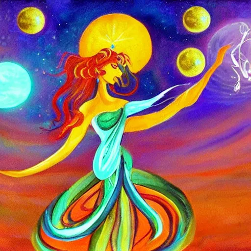 Image similar to fantasy painting elegant dancing Navi in the desert under 3 moons