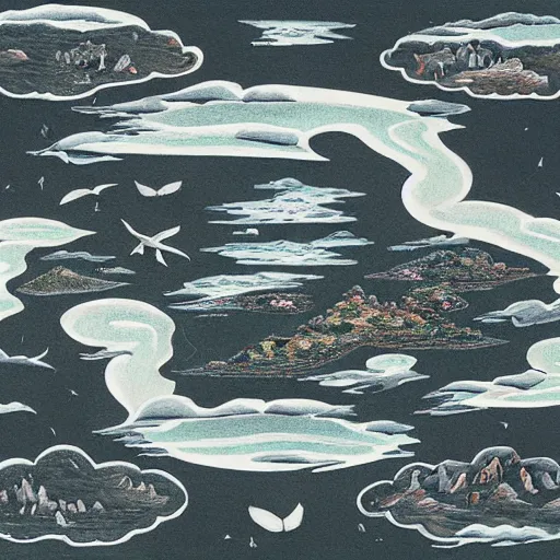 Prompt: The print shows a group of flying islands, each with its own unique landscape, floating in the night sky. The islands are connected by a network of bridges, and a small group of people can be seen walking along one of the bridges. by Ub Iwerks, by Rebeca Saray, by Judy Chicago balmy, monumental