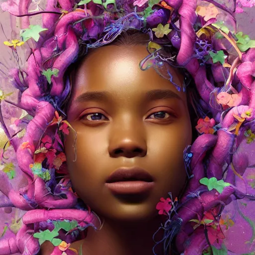 Prompt: colourful vfx art - portrait of nigerian girl wrapped in flowers & vines, art by hsiao - ron cheng & james jean, volumetric light, ray tracing, sharp, detailed, digital painting, illustration, highly detailed, intricate detail, unreal engine, octane render, pinterest, behance, art station,
