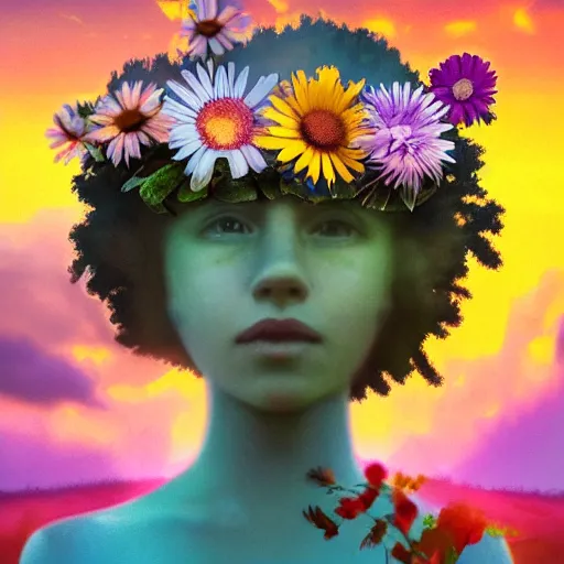 Image similar to daisy flower for a head, portrait of girl in flower field, holding daisy, surreal photography, sunrise, impressionist painting, colorful clouds, digital painting, artstation, simon stalenhag, flower face