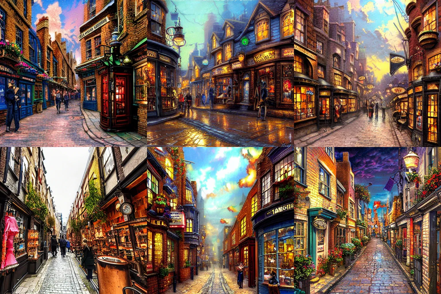 Prompt: narrow steampunk london street lined with colourful shops by thomas kinkade