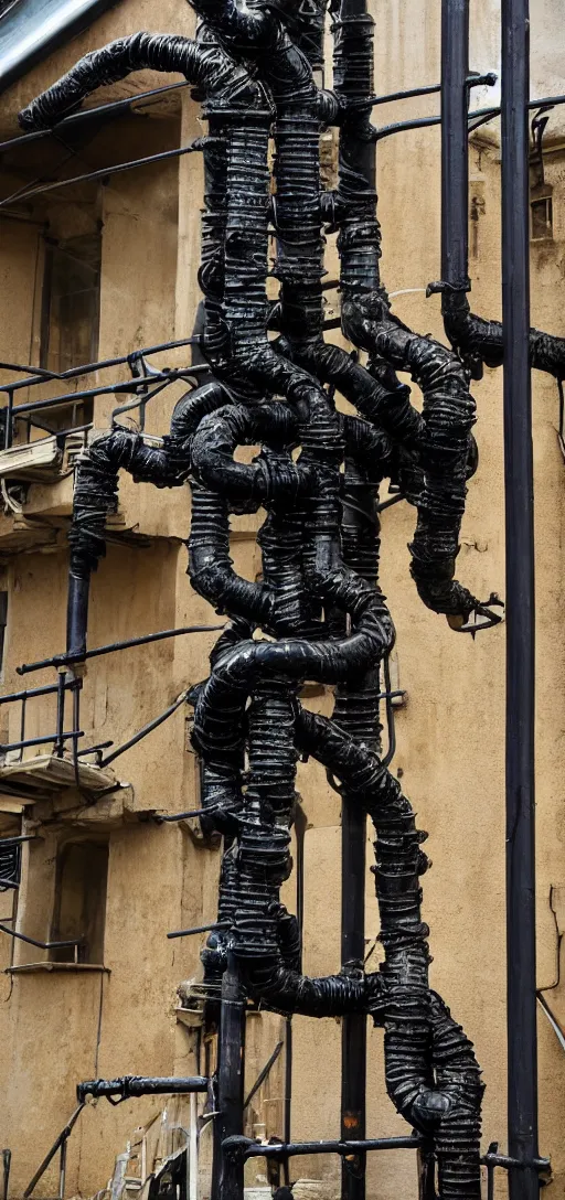 Prompt: black slimy monster with rusty pipes and scaffolding