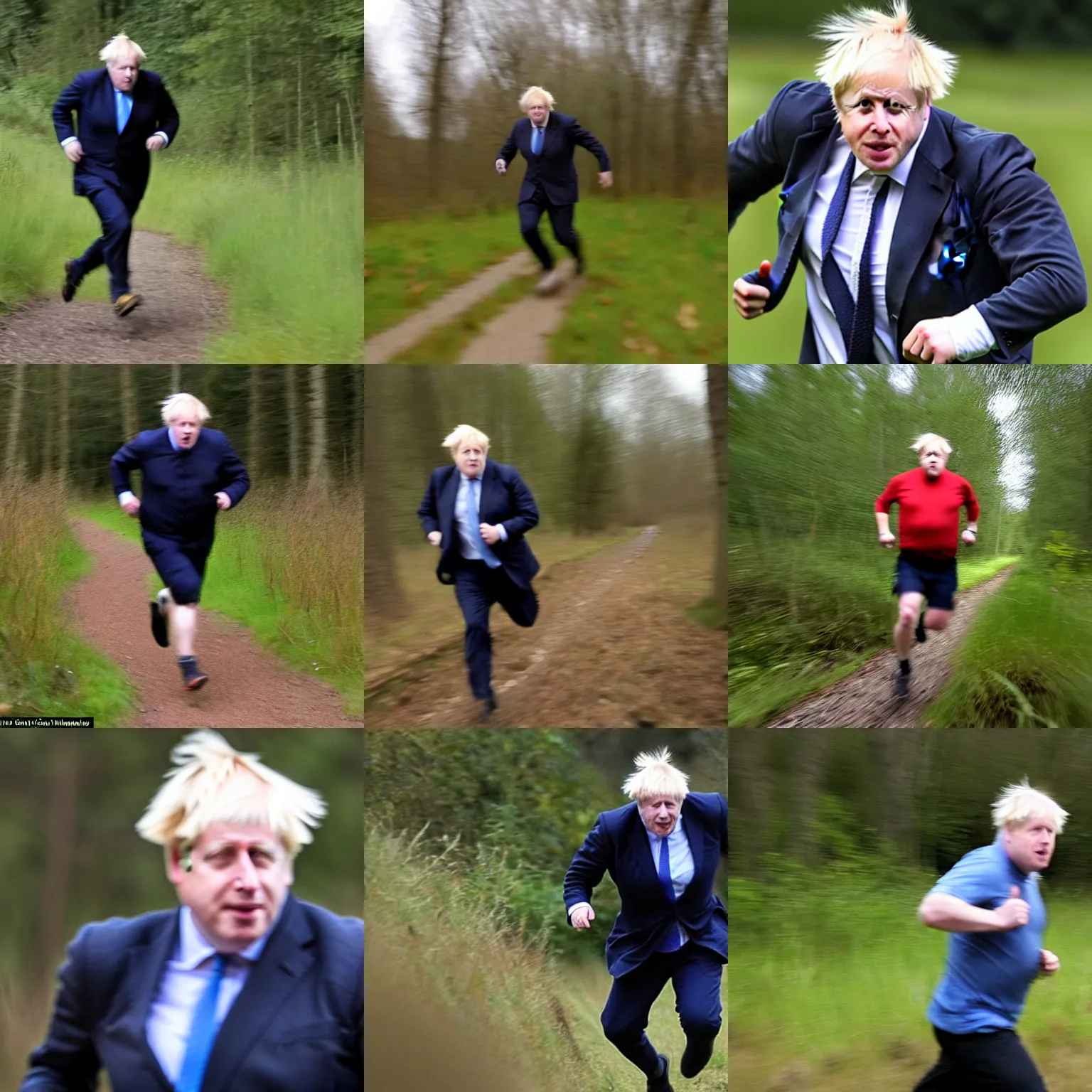 Prompt: boris johnson caught running on trail cam, strong motion blur, shaky camera