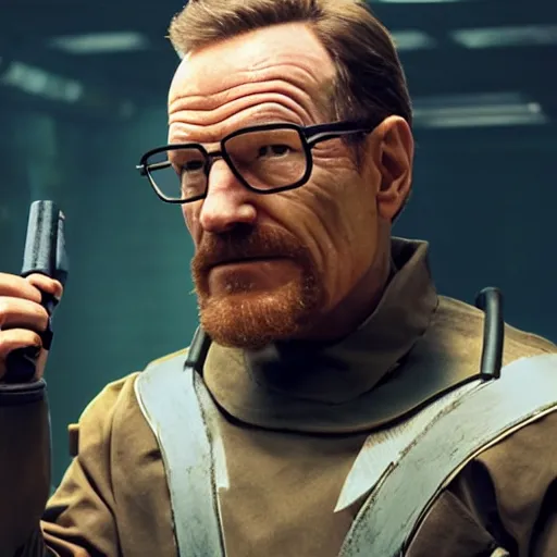 Prompt: Film still of Bryan Cranston dressed up as Gordon Freeman in an HEV Suit holding a crowbar for the Half Life Movie with a dark and foggy background, 4k resolution, 8k resolution, HD Quality, highly detailed, very detailed, detailed, studio quality lighting, digital art, trending on artstation, Dramatic, Dramatic Lighting, Dramatic Angle, Epic, film still