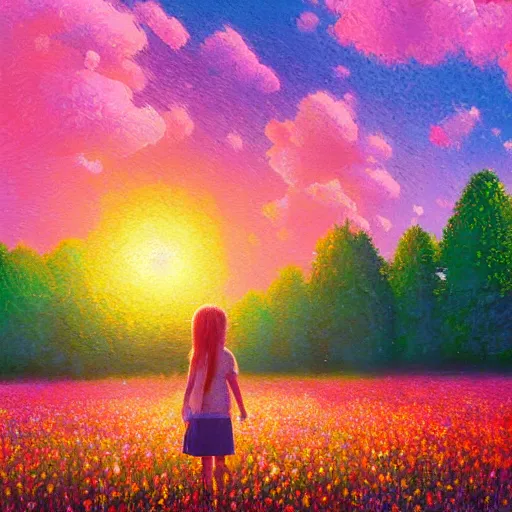 Image similar to girl merging with flower, standing in a flower field, big trees, sunrise dramatic light, impressionist painting, colorful clouds, digital painting, pointillism, artstation, simon stalenhag