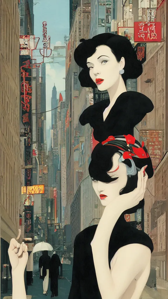 Image similar to a tall and beautiful pale woman with very black hair with a crown on her head walk in the streets of new york circa 1 9 8 4 edward hopper and james gilleard, surreal, open ceiling, highly detailed, airbrush, ilya kuvshinov, wlop, stanley artgerm, very coherent, art by takato yamamoto and james jean