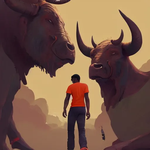 Prompt: man in orange t - shirt chased by big black bulls, contrast, kim jung gi, greg rutkowski, trending on artstation, 8 k, full body, turnaround, front view, back view, ultra wide angle