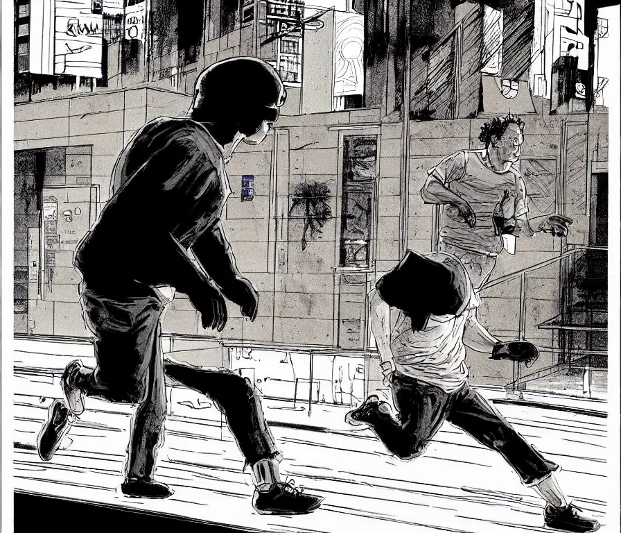 Image similar to todd solondz running from police after violent crime | vivid colors : storyboard, realistic. by gabriel hardman, joe alves, j. todd anderson, chris bonura. cinematic atmosphere, detailed and intricate, perfect anatomy