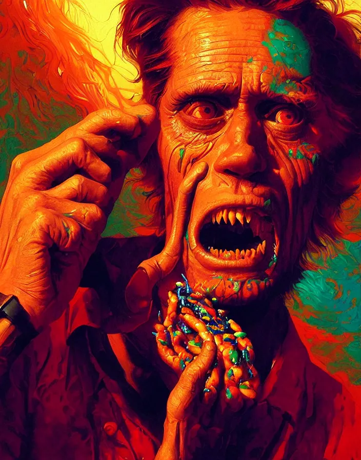 Prompt: a psychedelic portrait of willem dafoe eating baked beans and screaming, vibrant color scheme, highly detailed, in the style of romanticism, cinematic, artstation, moebius, greg rutkowski