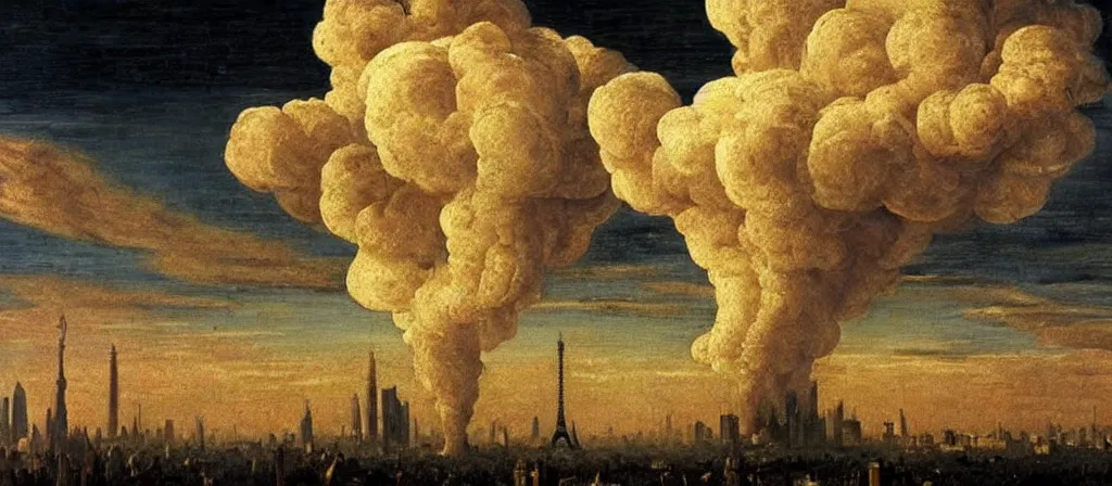 Prompt: nuclear mushroom cloud over the city of paris!!! renaissance painting!! majestic!! sad!