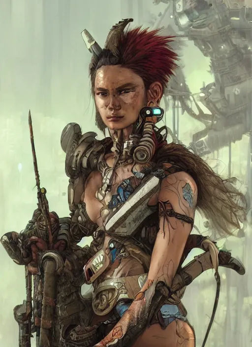 Prompt: hyper realistic photography portrait of postapocalyptic cyberpunk asian cyborg tribal warrior angel unicorn cinematic, brom, mucha, moebius juan gimenez artstation, cgsociety