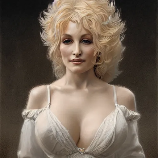 Image similar to beautiful striking Pre-Raphaelite Dolly Parton by Artgerm and Greg Rutkowski, pale, intricate, elegant, highly detailed, digital painting