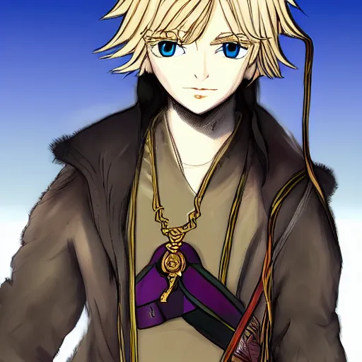 Image similar to young blonde boy fantasy thief, farseer trilogy style, anime style