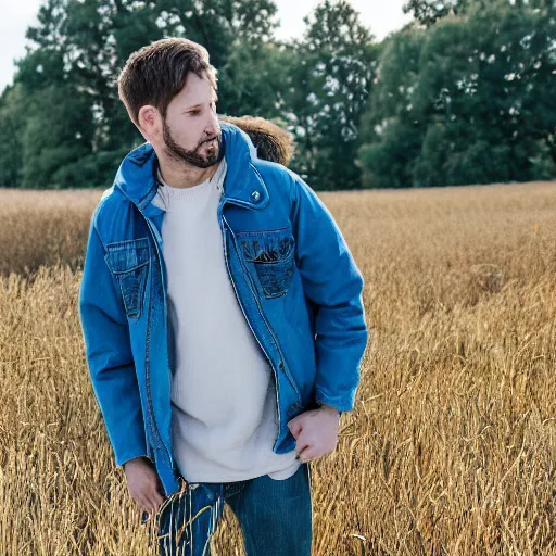 Prompt: steven bonnell ii in a blue jacket walking in a field, 2 0 mm sigma lens, sony a 7 siii