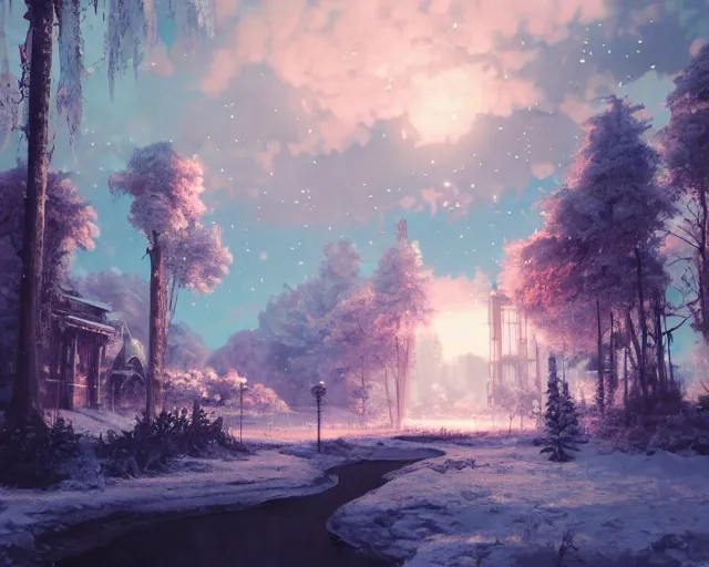 Prompt: scenery artwork, scene beautiful, light!! light essential cozy winter snow world snow and expansive dream scenery pixiv scenery art beautiful, surrealism oil on canvas, artstation!! pixiv!! dream scenery, quality astral projection render, nier automata concept art, vaporwave textures