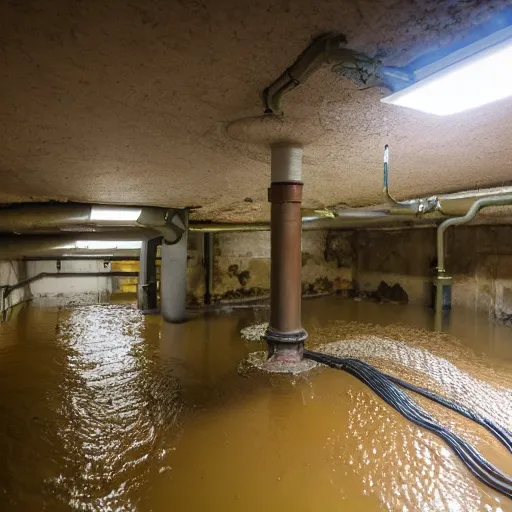 Image similar to deep underground bunker, flooded, dirty water, rusty pipes, cables