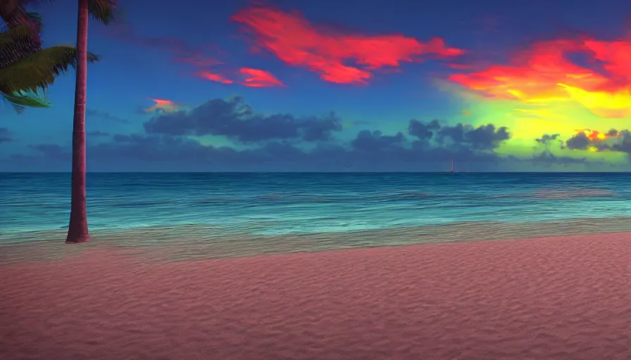 Image similar to miami vibes, unreal engine, digital art, sunset, sharp focus, beach, vivid color, clear sky