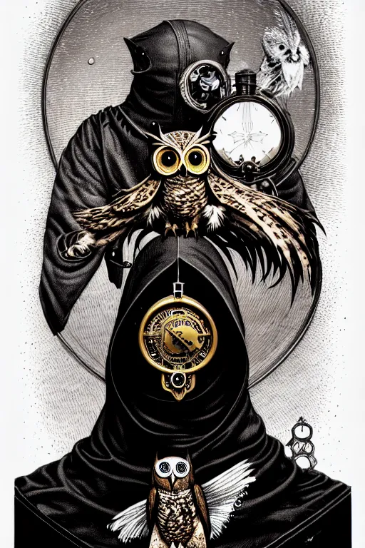 Image similar to side view of a hooded steampunk alchemist wizard holding his majestic owl on glove, high details, bold line art, by vincent di fate and joe fenton, inking, etching, screen print, masterpiece, trending on artstation, sharp, high contrast, hyper - detailed,, hd, 4 k, 8 k