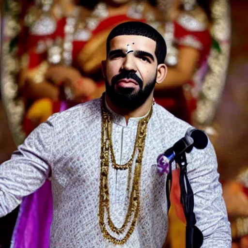 Prompt: drake the rapper wearing a kurta, hindu kovil scene