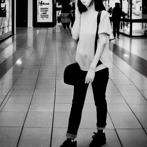 Image similar to a closeup portrait of woman walking in mall alone in style of 1990s, street photography seinen manga fashion edition, focus on face, eye contact, tilt shift style scene background, soft lighting, Kodak Portra 400, cinematic style, fish-eye lens, telephoto