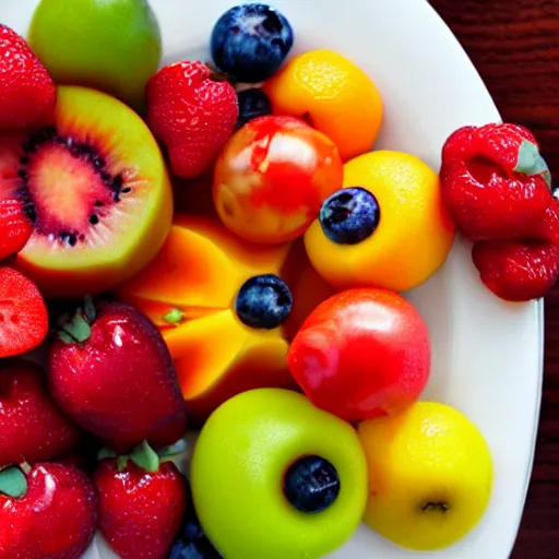 Prompt: a plate of fruit from a strange alien planet