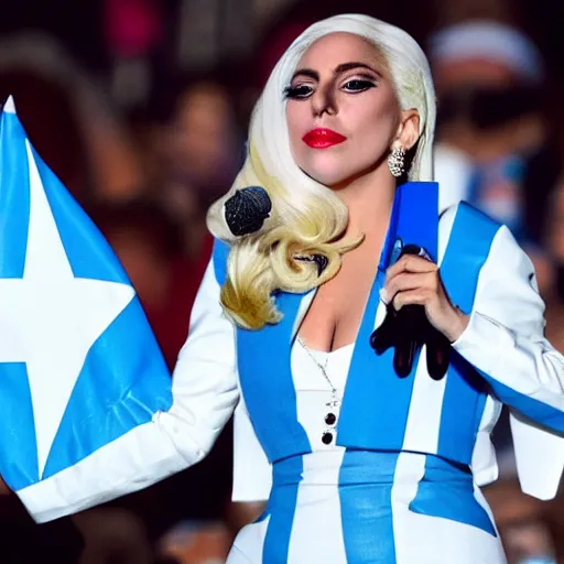 Image similar to Lady Gaga as president, Argentina presidential rally, Argentine flags behind, bokeh, giving a speech, detailed face, Argentina